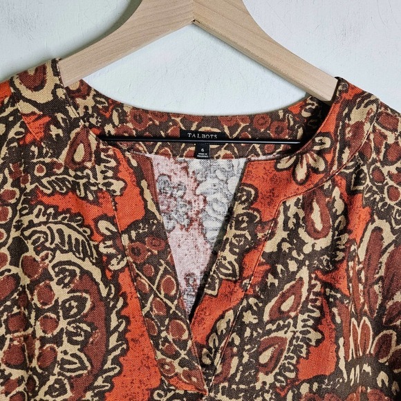 Talbots Paisley Print Linen Dress 6 Rust Brown Elbow Sleeves Boho‎ Tunic - Picture 3 of 5
